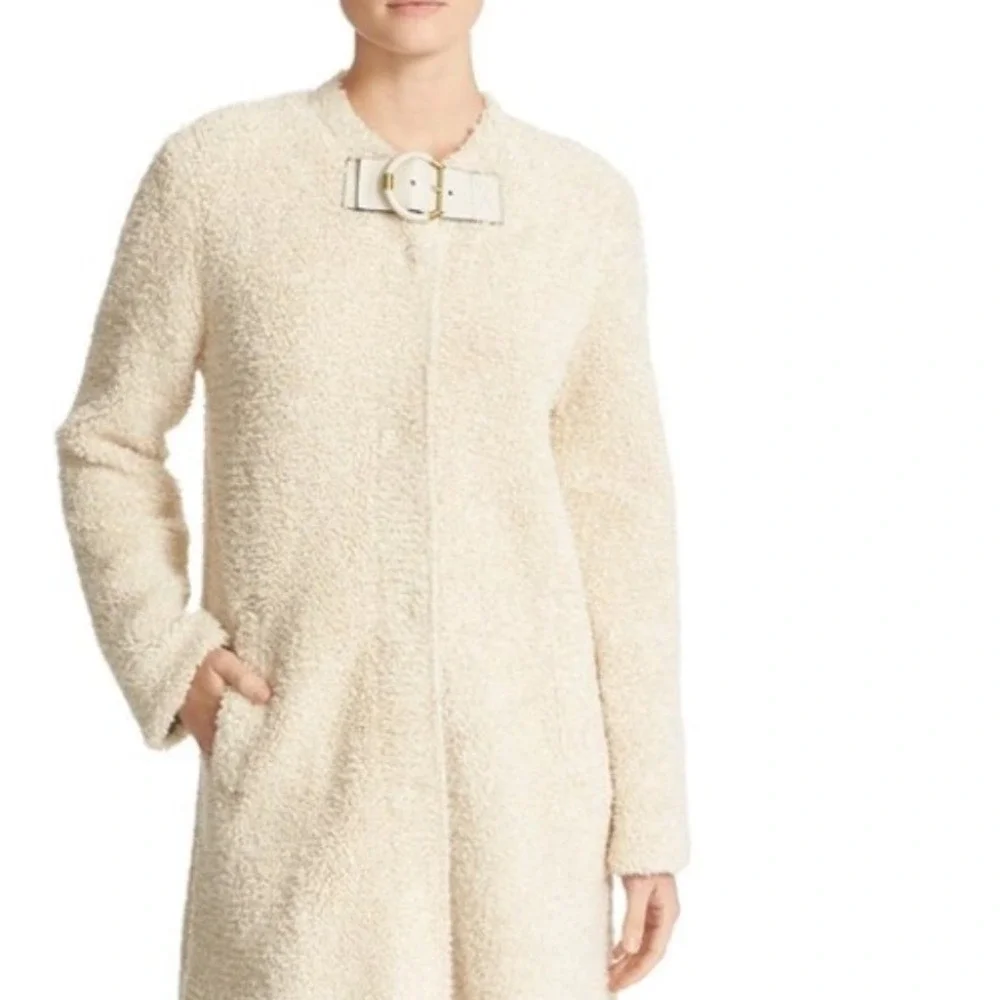 Tory‎ Burch Hibbert Buckle Tab Textured Coat Off White Cream Women's Size large